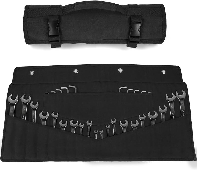 lelezone Wrench Roll 32 Pockets, Heavy-Duty 16 oz. Waxed Canvas Wrench Roll Up Bag Holds Wrench Wrap for Metric and SAE Wrenches, Wrench Pouch with Buckles and Handle, Sturdy Wrench Tool roll (Black) - Image 1